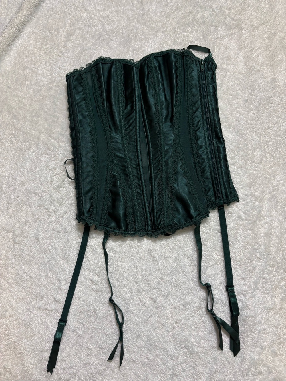 Adore Me Dark Green Satin Lace Corset with Garters